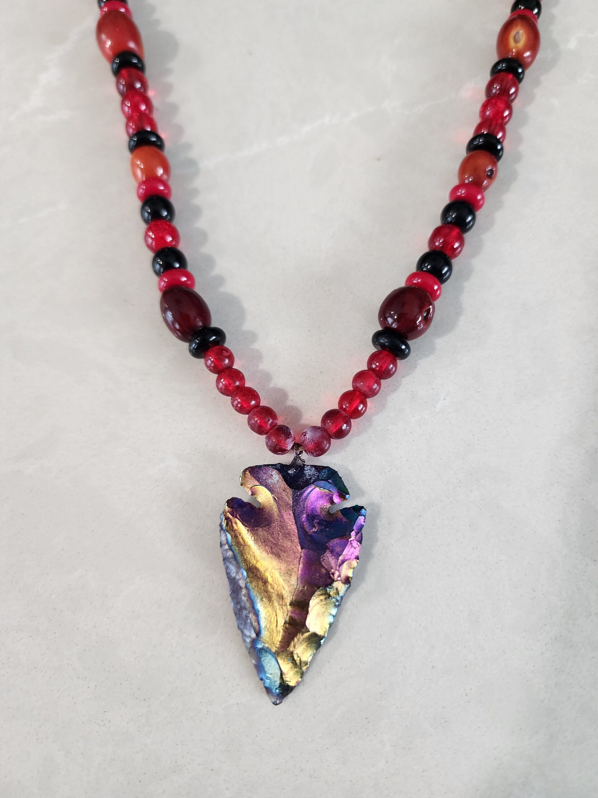 Red and Black Necklace with Iridescent Arrowhead Pendent - Image 3