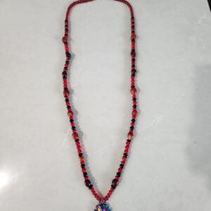 Red and Black Necklace with Iridescent Arrowhead Pendent